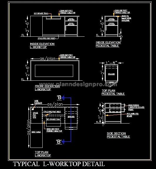 L-Shaped Working Table Free CAD Design